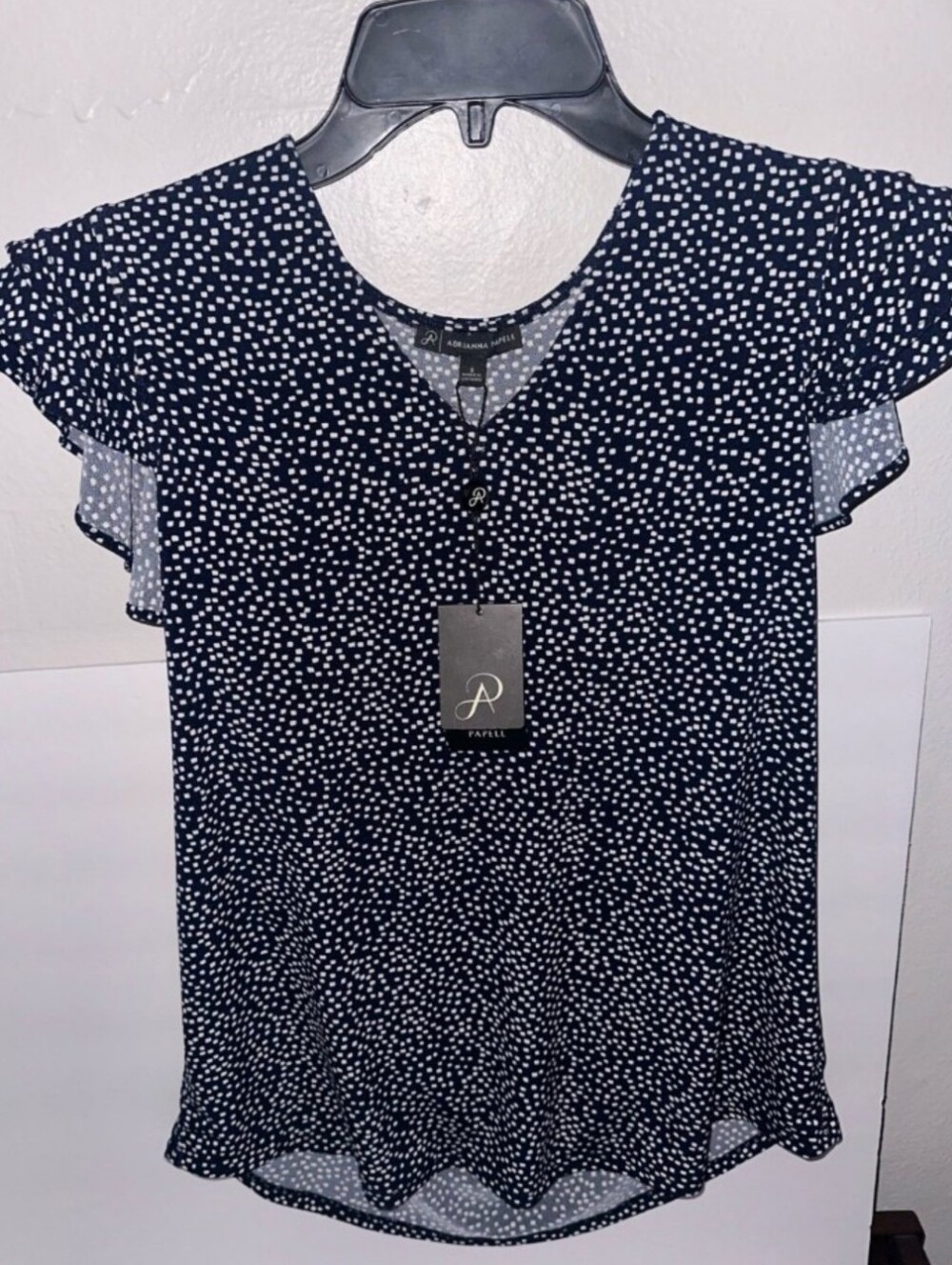 BNWT Adrianna Papell Navy Dot Flutter Sleeve V-Neck Top